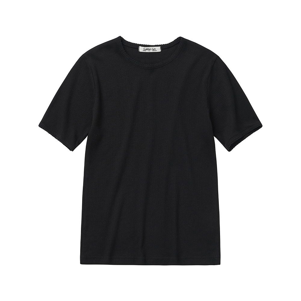 Picot Edge Ribbed T-Shirts - Black